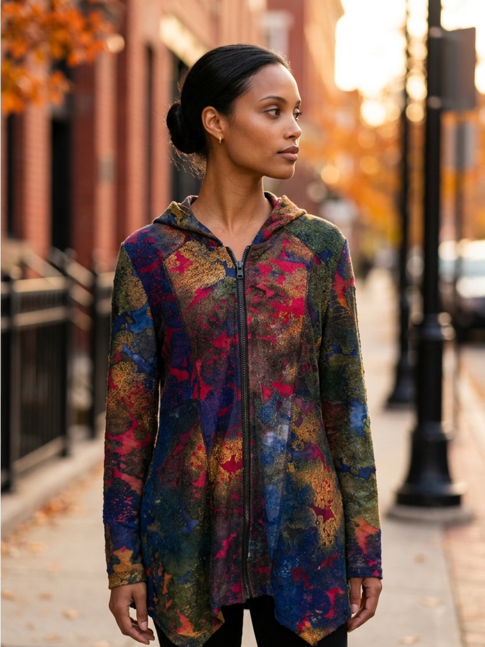 Women's Multicolor Hooded Utility Jacket - Zip Front with Pockets